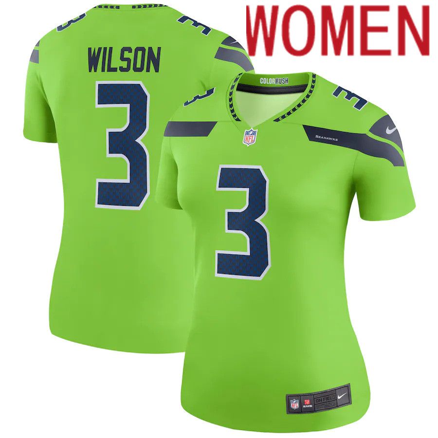 Women Seattle Seahawks #3 Russell Wilson Nike Neon Green Color Rush Legend NFL Jersey